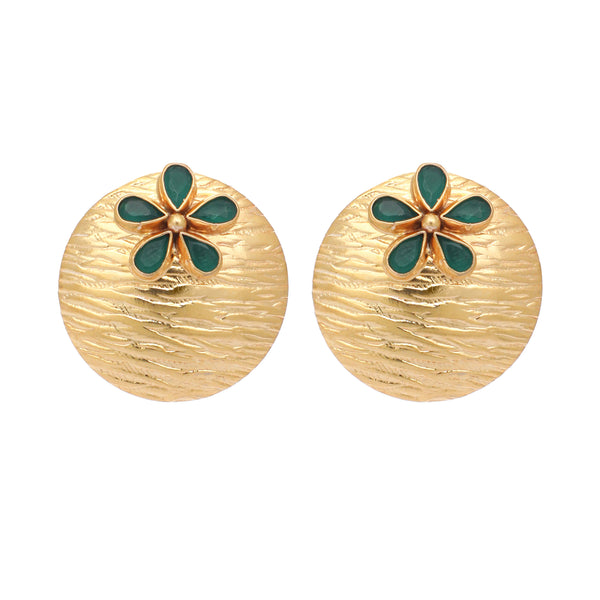Nuyug 22K Gold-Plated Faux Emerald Stones Studded Circular Floral Shaped Motif Studs