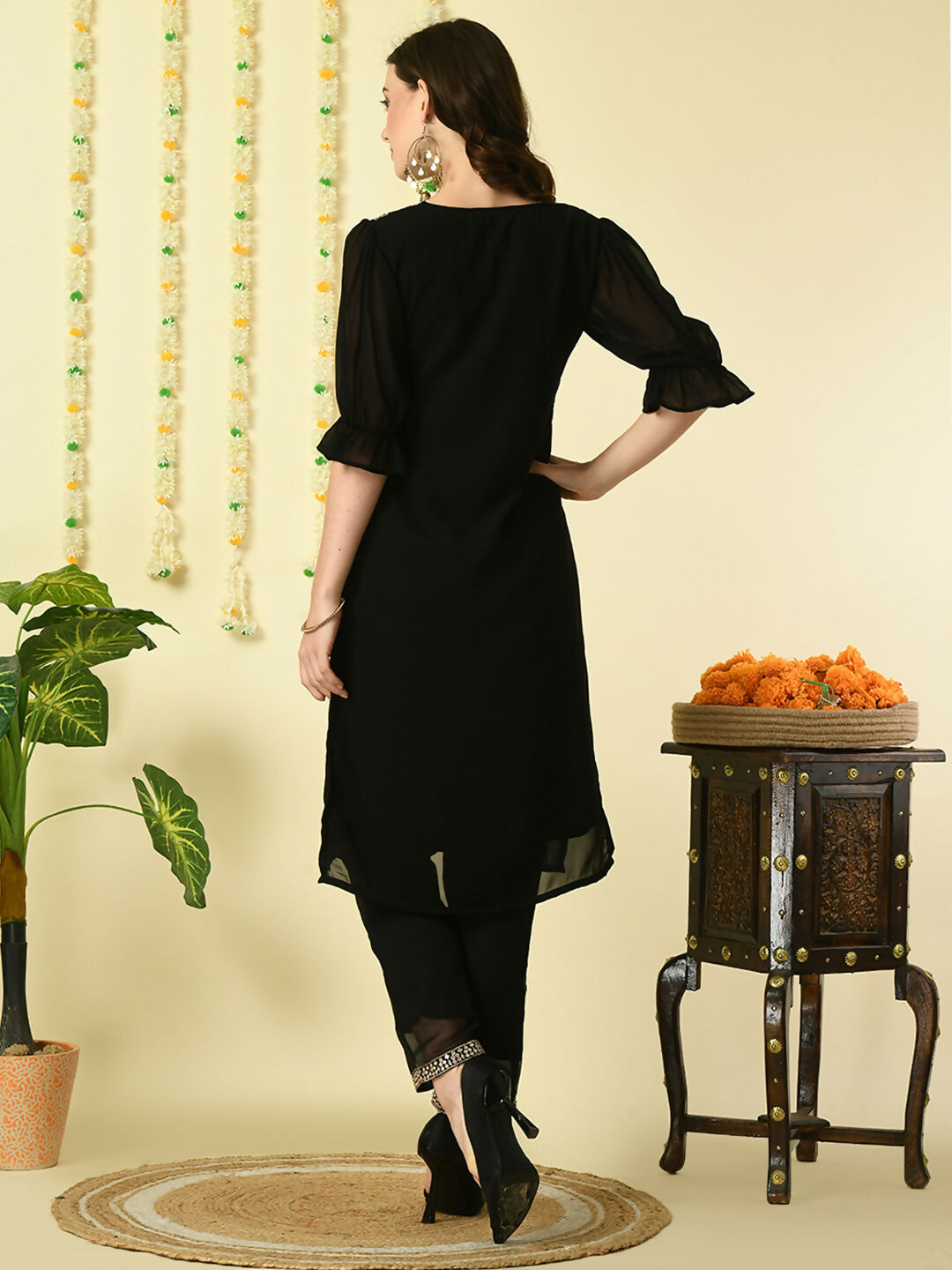 Myshka Women's Black Georgette Kurta With Trousers Party Sets - Distacart