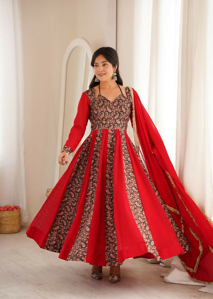 Teeya Creation Women's Red Black Paisley Print Anarkali Gown Set with Dupatta Festive Ethnic Wear - Dista