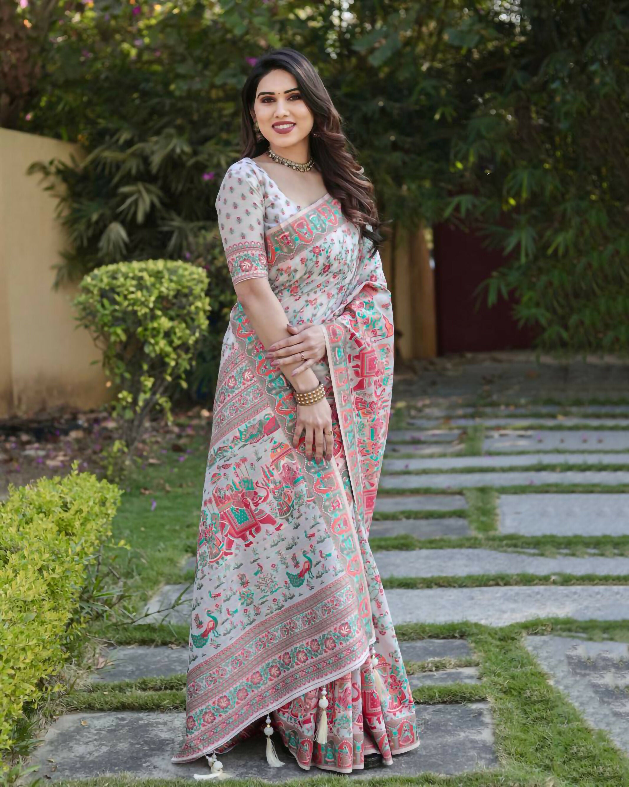 Vastranavya Luxury and Beautiful Soft, Smooth, Flowing Original Pashmina Soft Cotton Saree with Matching Blouse Fabric - Off White - Distacart