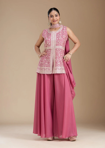 Teeya Creation Pink Color Star Georgette Party Wear Designer Peplum Sharara Set - Distacart