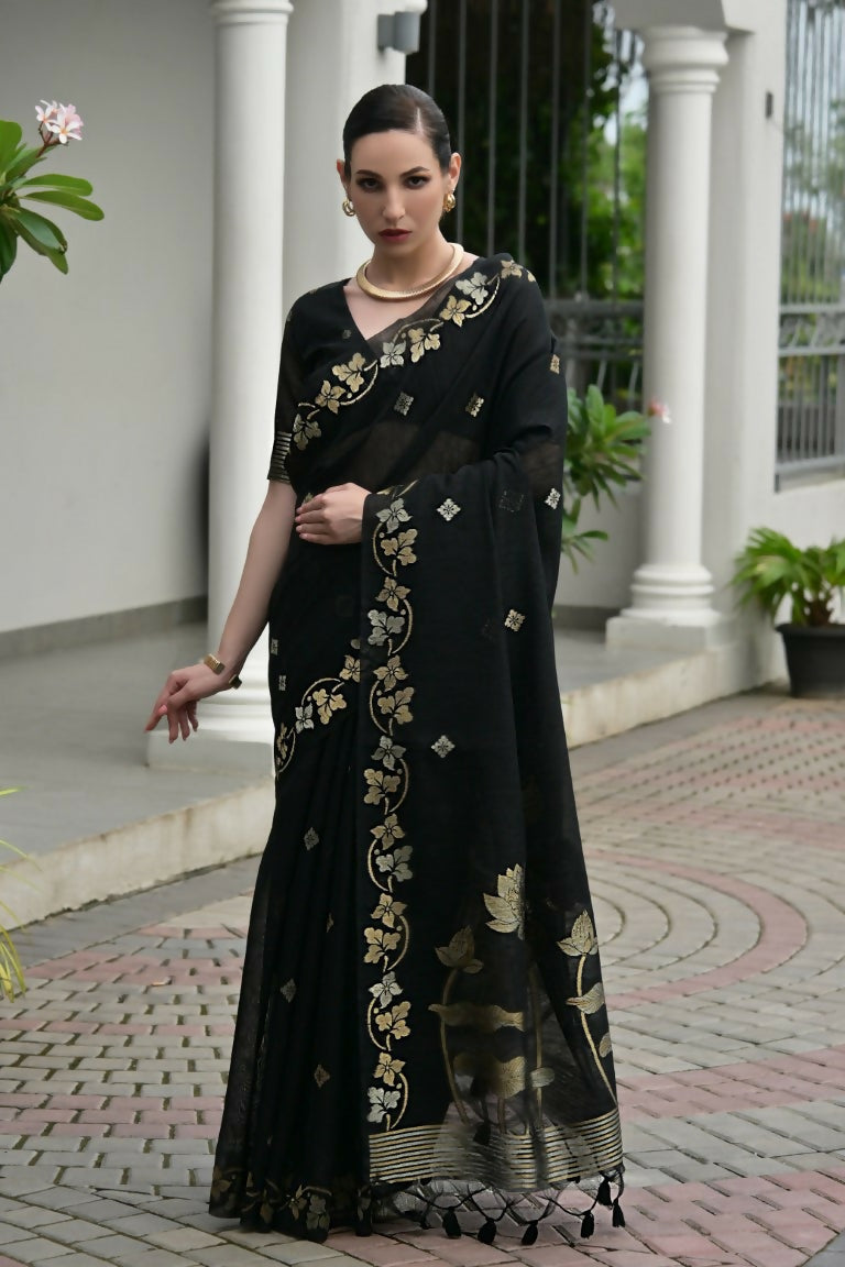 Vishnu Weaves Women's Black Linen Silk Zari Weaving Saree with Blouse