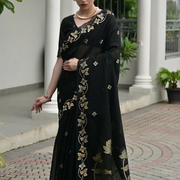 Vishnu Weaves Women's Black Linen Silk Zari Weaving Saree with Blouse