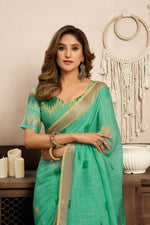 Thumbnail for Joban Fashion Teal Green Ikkat Linen Ready To Wear Saree With Unstitched Blouse - Distacart