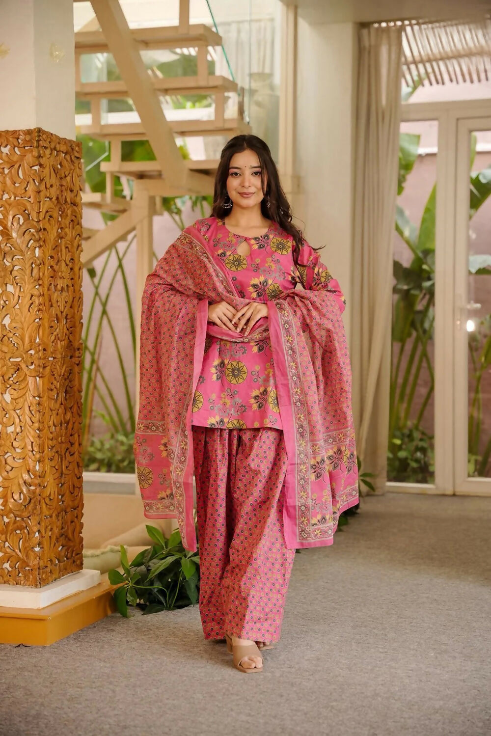 Aayaa Designer Cotton Silk Farshi Salwar Set - Pink - Dista