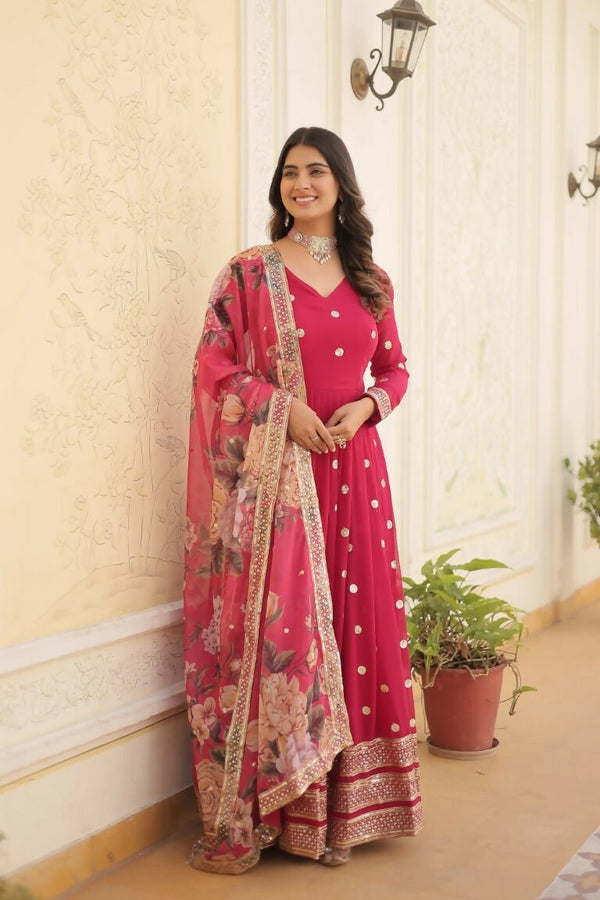 Aastha Fashion Women's Pink Faux Georgette Embroidery Zari Sequins-work Gown with Dupatta - Distacart