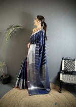 Thumbnail for Joban Fashion Navy Blue Checked Soft Silk Kanjivaram Silk Saree - Distacart