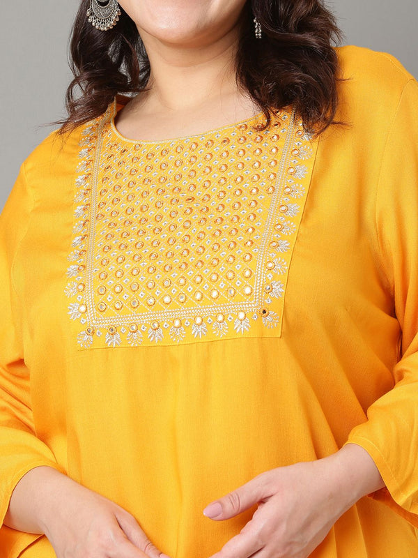 Sztori Plus Size Geometric Embroidered Mirror Work Straight Kurta