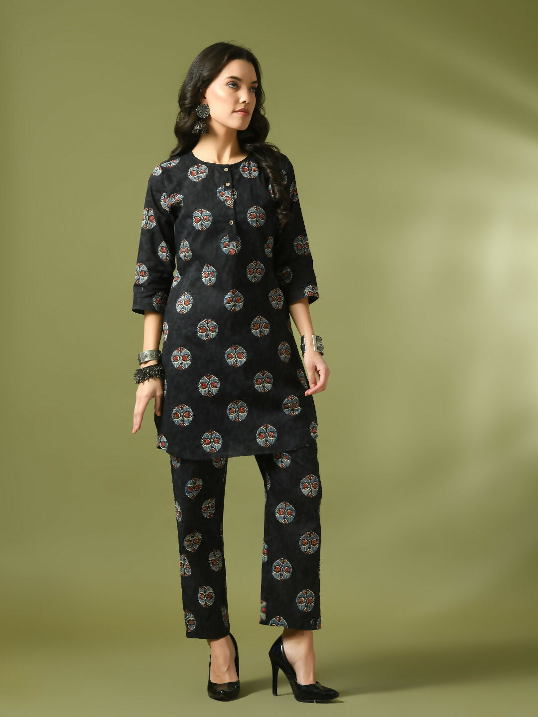 Myshka Women's Black Printed Cotton Round Neck Party Tunic With Trousers Co-ord set - Distacart