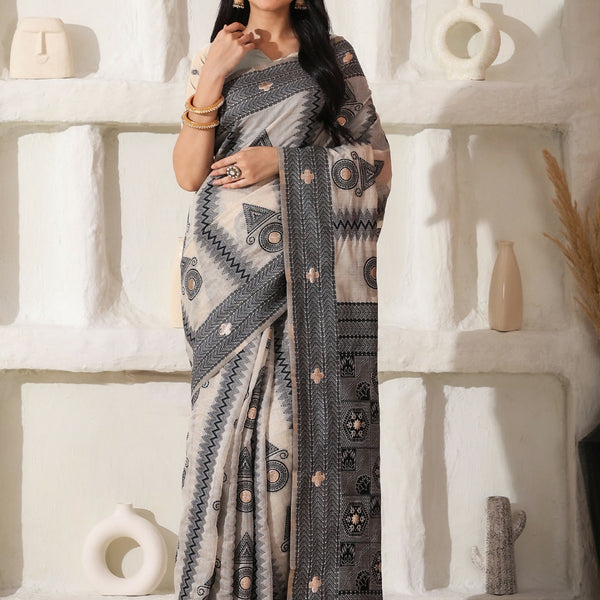 Astita Linen Cotton Black & Cream Saree