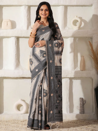 Astita Linen Cotton Black & Cream Saree
