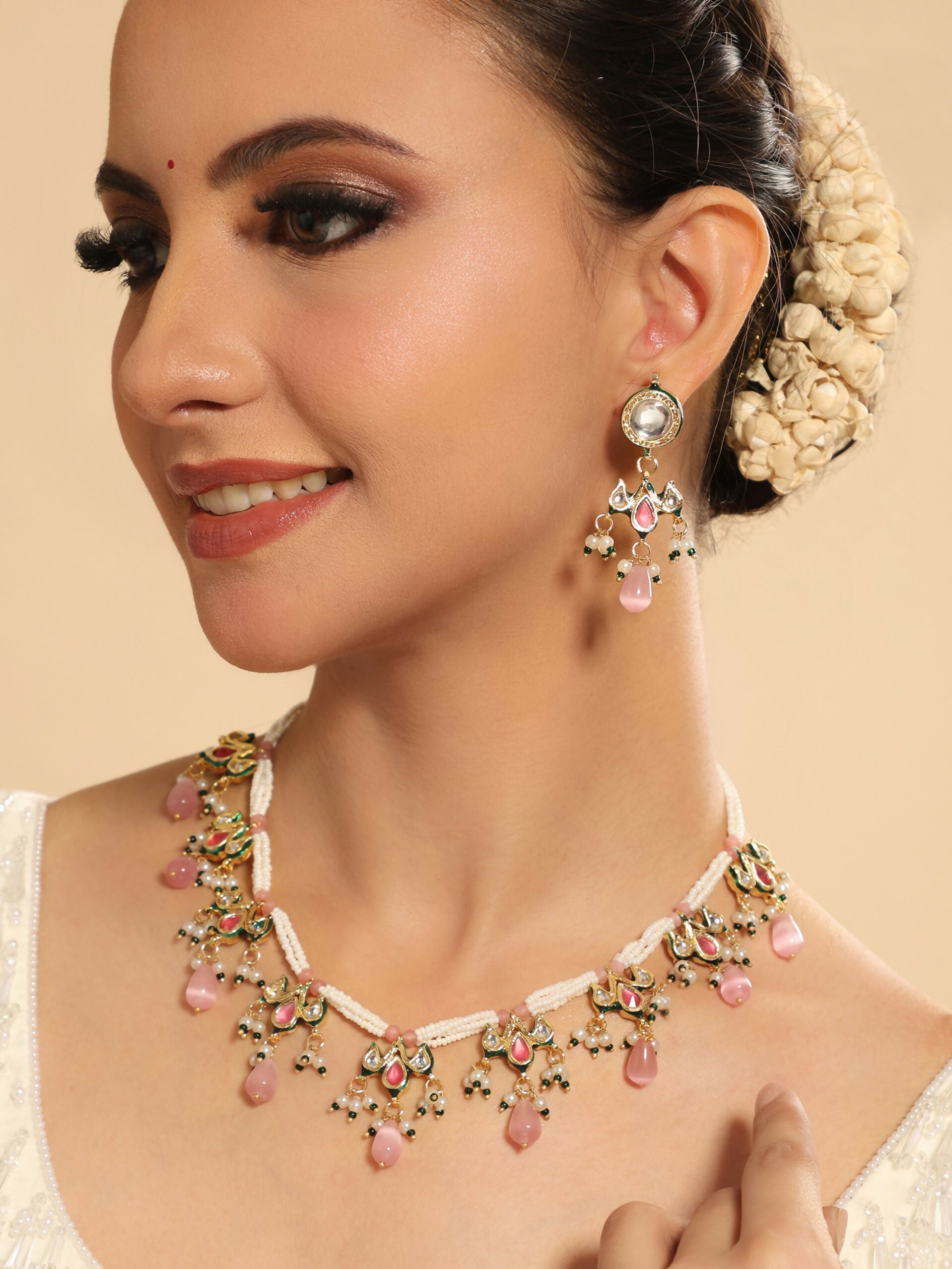 Nuyug 22K Gold Plated Pearl Empress Flora Pink Stone Drops Necklace Set