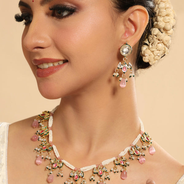 Nuyug 22K Gold Plated Pearl Empress Flora Pink Stone Drops Necklace Set