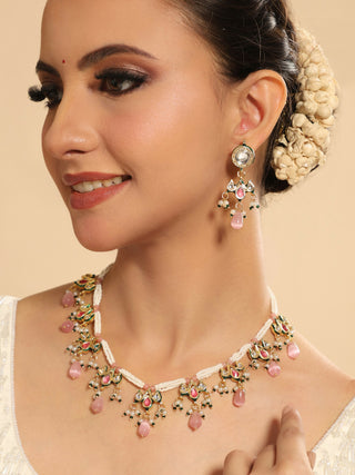 Nuyug 22K Gold Plated Pearl Empress Flora Pink Stone Drops Necklace Set