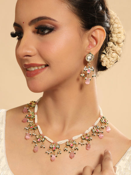 Nuyug 22K Gold Plated Pearl Empress Flora Pink Stone Drops Necklace Set