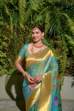 Thumbnail for Jyoti Fashion Women's Firozi Paithani Silk Zari Woven Saree with Blouse - Distacart