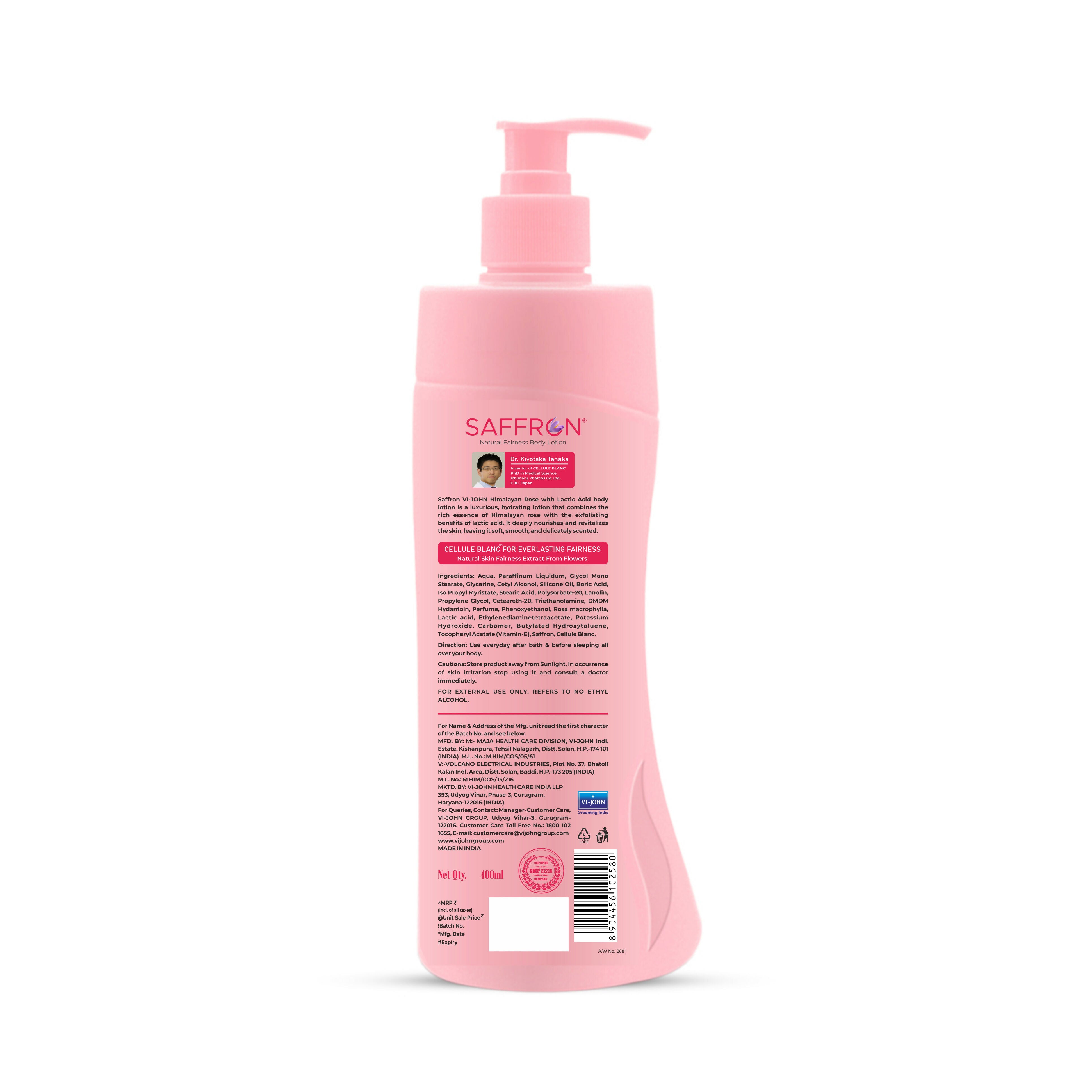 VI-JOHN Saffron Natural Fairness Body Lotion Himalayan Rose with Lactic Acid Deep Nourishment for Soft & Radiant Skin For All Skin Types