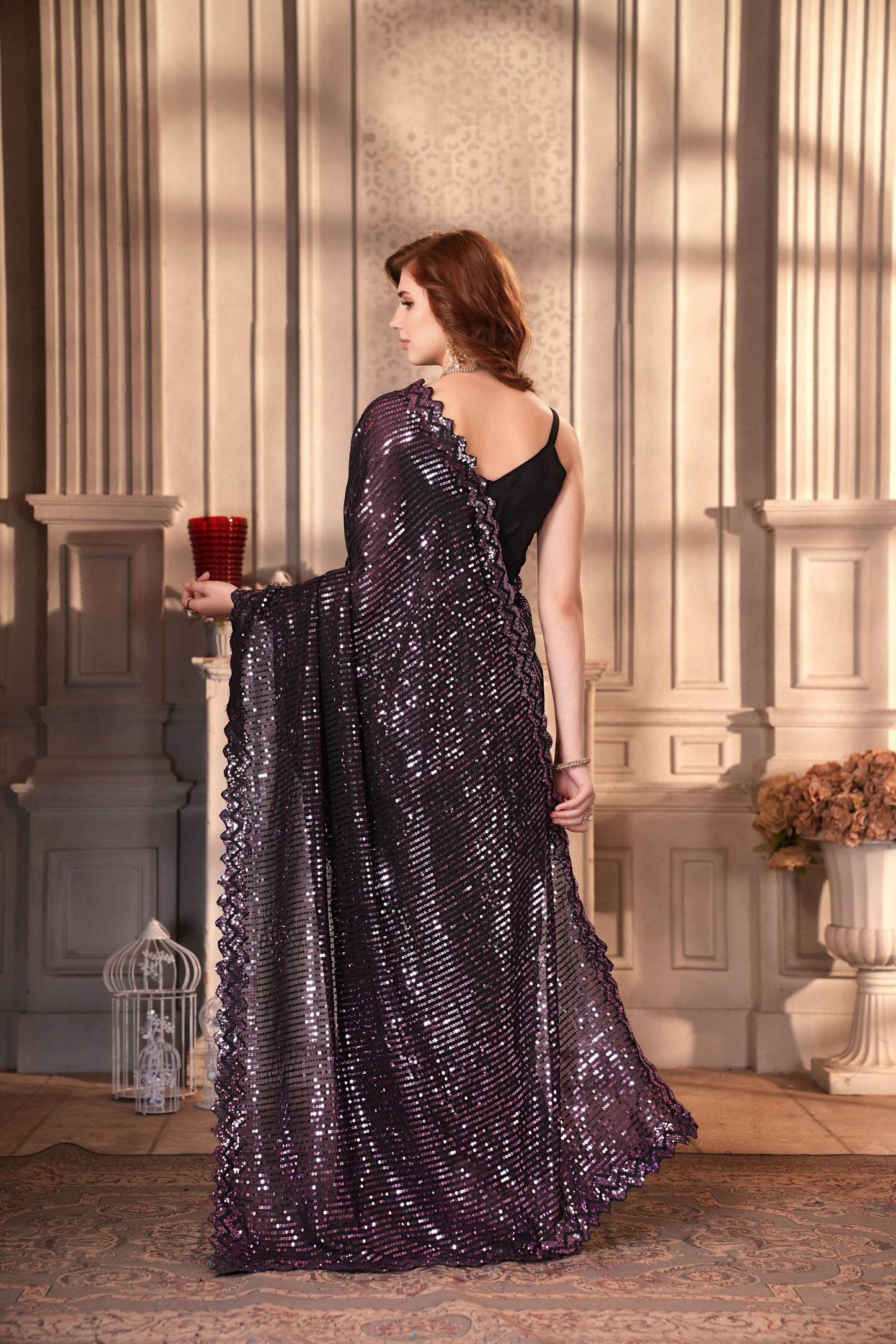 Dishitha Creation Indian Women's Designer Georgette Sequence Saree - Purple - Distacart