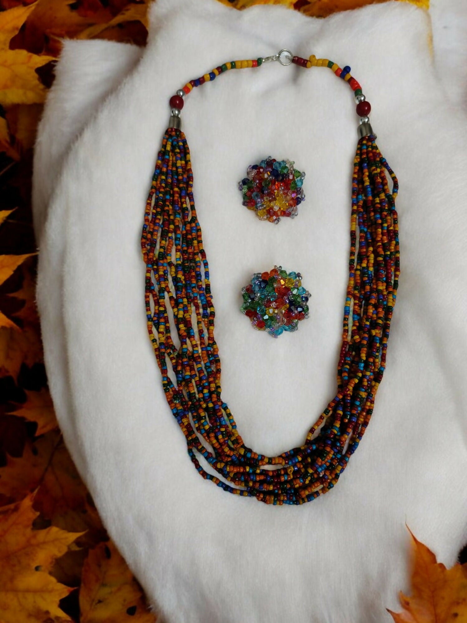 Inhanns Bloom Handmade Beaded Necklace With Earrings - 12 Layers - Multicolor Necklace Set - Distacart