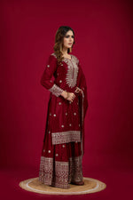 Thumbnail for Joban Fashion Maroon Kurta Set Silk Sequins , Zari, Coding & Thread Embroidered work - Distacart