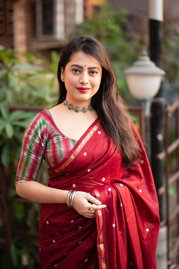 Maroon Chanderi Cotton Block Print Saree with Unstitched Blouse - Hiral Fashion - Distacart