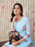 Thumbnail for Ode by House of Pataudi Floral Embroidered Thread Work Floral Georgette Straight Kurta