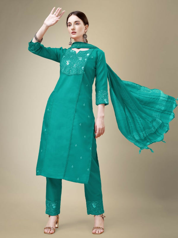 Jyoti Fashion Women's Rama Cotton Blend Embroidery & Fancy Lace work Kurta with Trouser & Dupatta - Distacart
