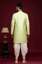 Thumbnail for Raivat Ethnic Banarasi Jacquard Embroidery Semi Indo Western Sherwani In Pista Green Colour