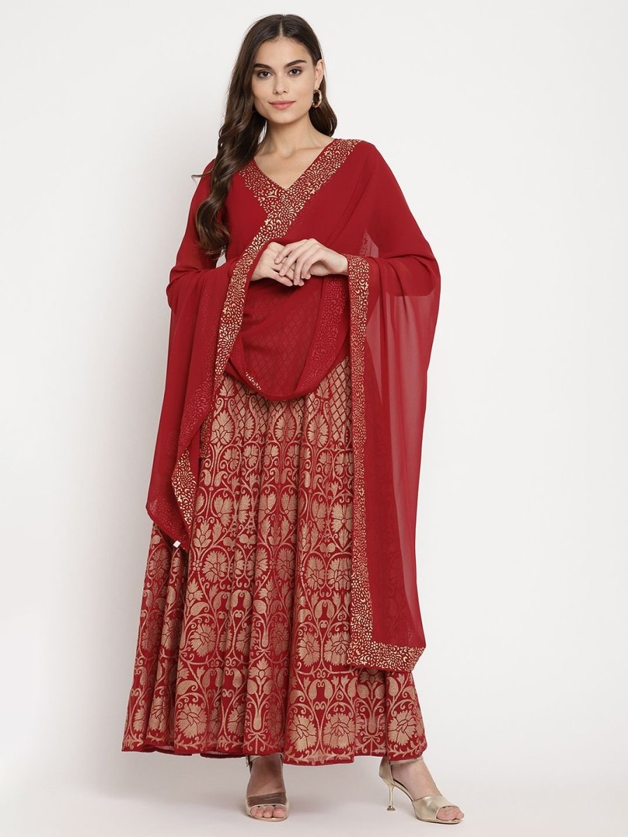 Ahalyaa Women's Maroon Georgette Gold Foil Print Flared Kurta With Dupatta
