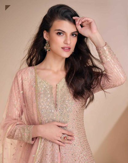 Anaita Peach Georgette Readymade Suit with Codding Dori & Sequence Work - Distacart