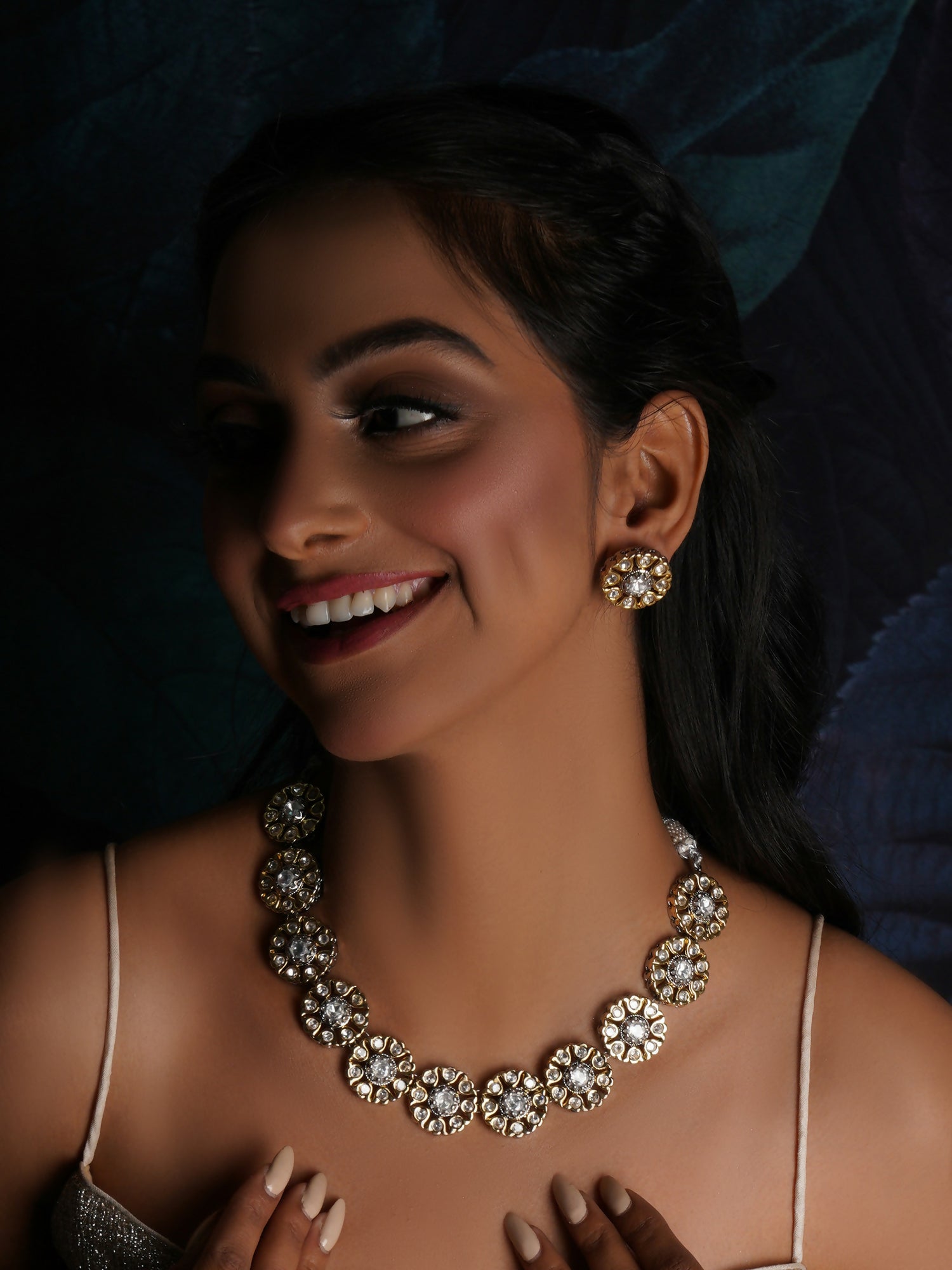 Kundan Choker with Studs Jewellery Set (silver) - Ruby Raang - Distacart