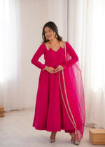 Thumbnail for Lehenga Mart Designer Anarkali Suit With Kurta, Pant, Dupatta For Women-Dark Pink - Distacart