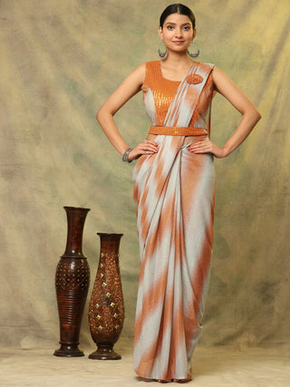 Orange Polyester Solid Ready to Wear Saree with stitched Blouse - Aayan - Distacart