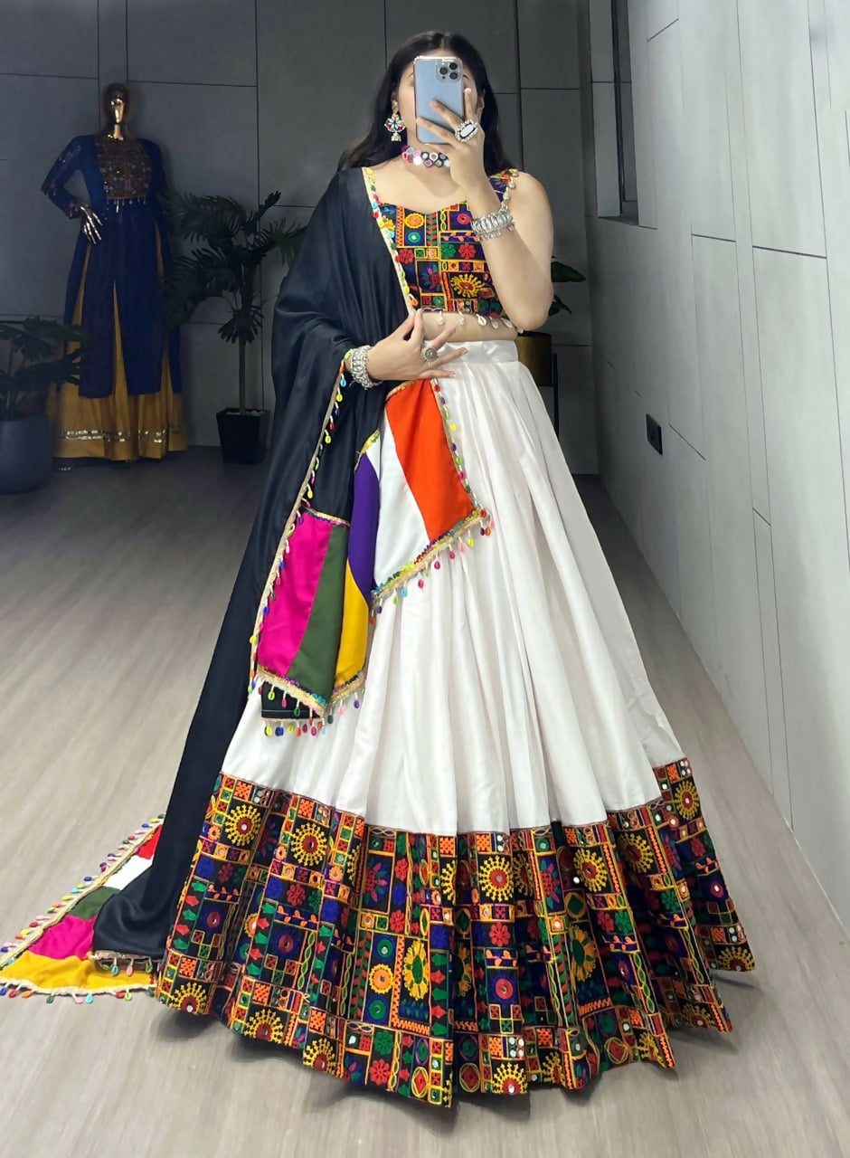 Yash Enterprise White Rayon Cotton Embroidery Semi Stitched Navratri Chaniya Choli - Dista