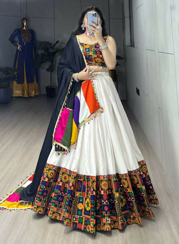 Yash Enterprise White Rayon Cotton Embroidery Semi Stitched Navratri Chaniya Choli - Dista