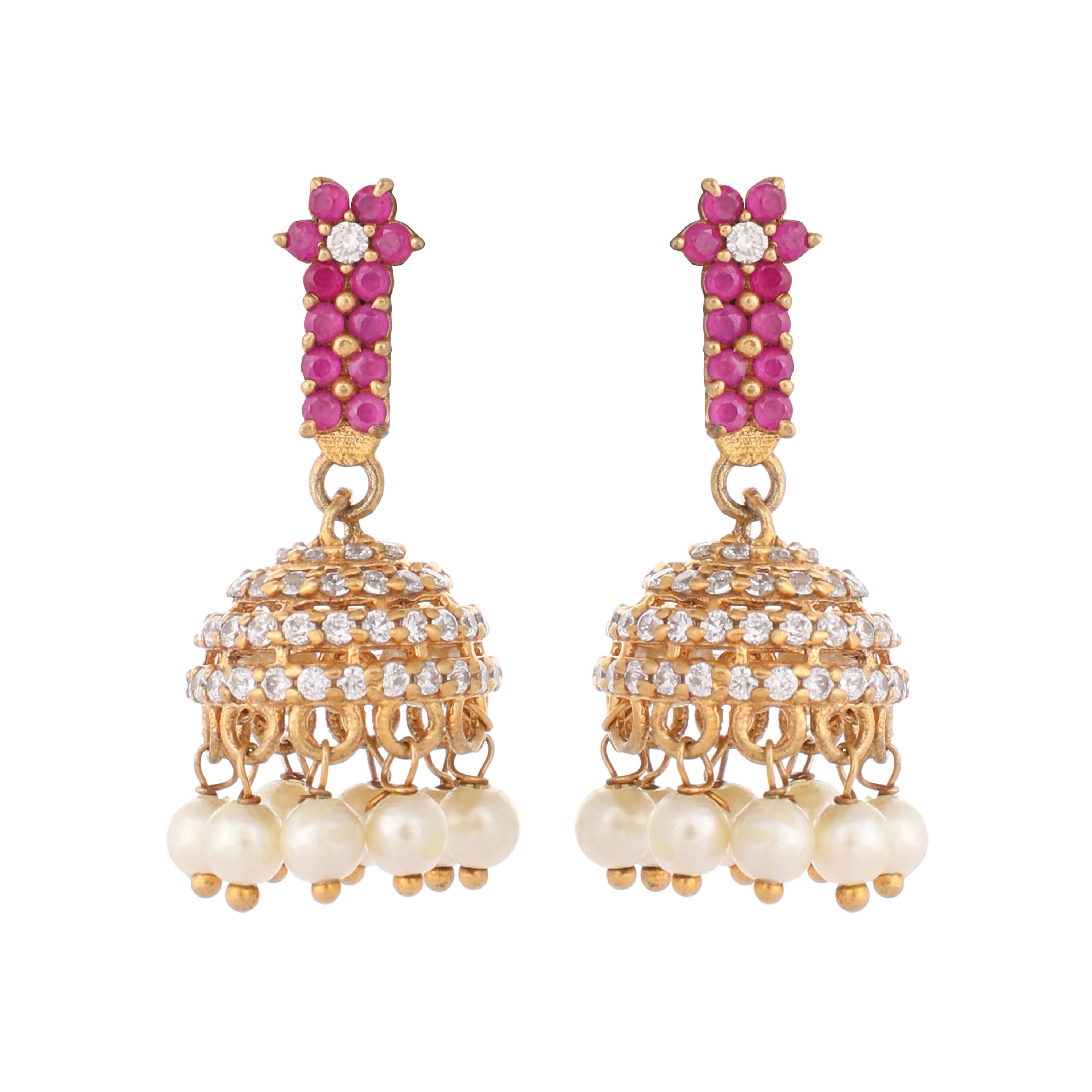 Nuyug 22K Gold Plated Pearl 7 Colored Stone Studded Contemporary Shaped Pink Mini Jhumkas