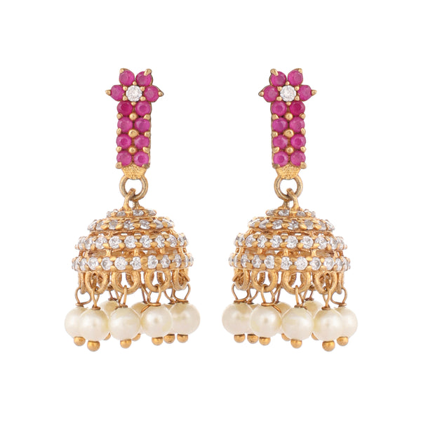 Nuyug 22K Gold Plated Pearl 7 Colored Stone Studded Contemporary Shaped Pink Mini Jhumkas - Distacart