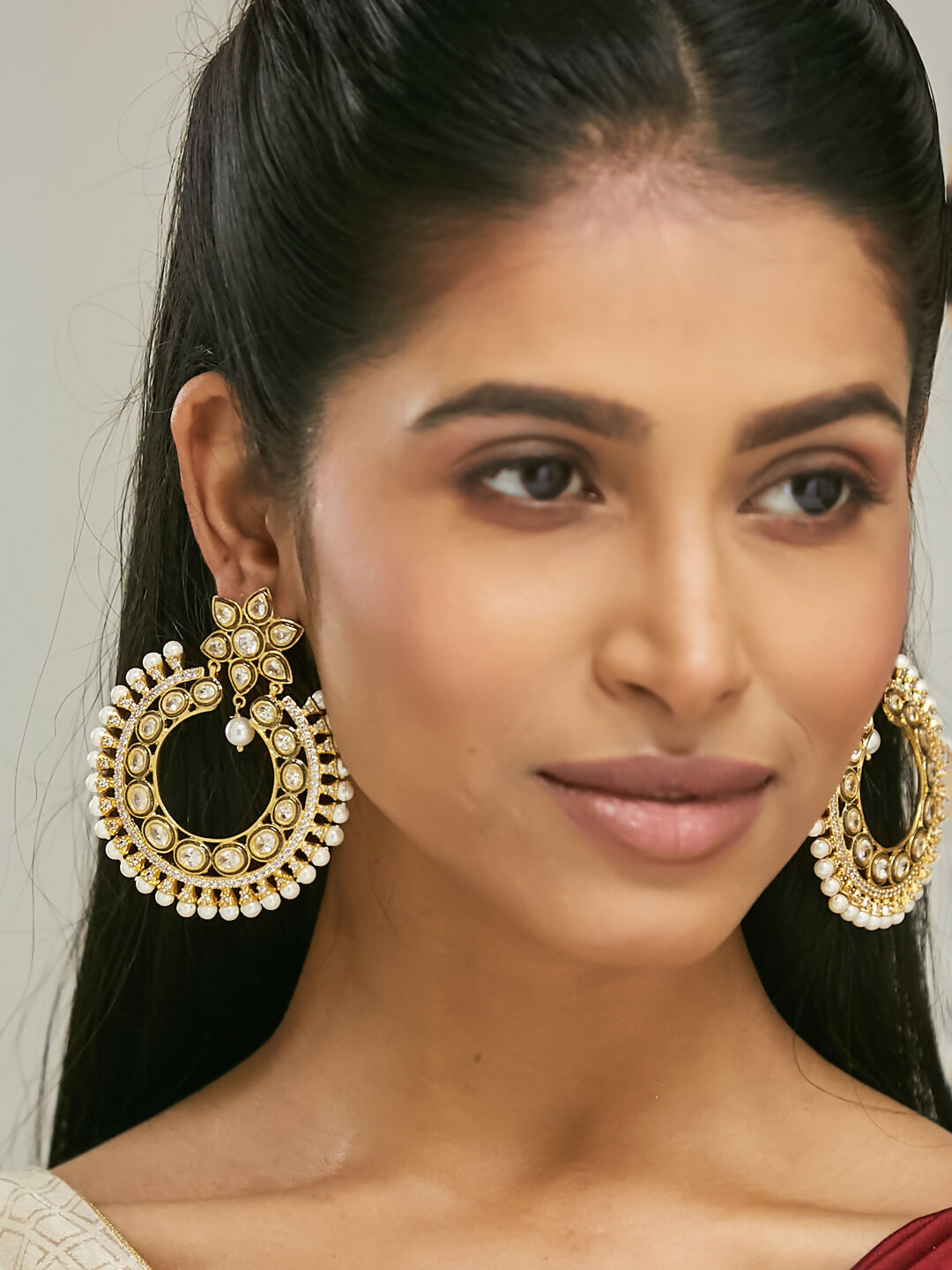Nuyug 22K Gold-Plated Kundan Studded & Pearl Beaded Floral Chandbali Earrings
