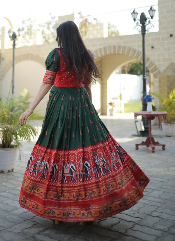 Jyoti Fashion Women's Bottle Green Patola with Foil Print Dola Silk Anarkali Dress - Distacart
