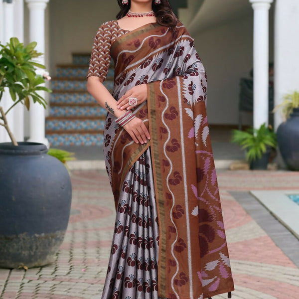 Prime Volt Women's Brown Printed Mal Cotton Saree with Designer Blouse Piece - Distacart