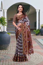 Thumbnail for Prime Volt Women's Brown Printed Mal Cotton Saree with Designer Blouse Piece - Distacart