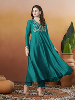 Thumbnail for The52 Rama Women's Beautiful Vichitra Silk Fabric Embroidered Work Flared Anarkali Pant and Dupatta Set - Distacart
