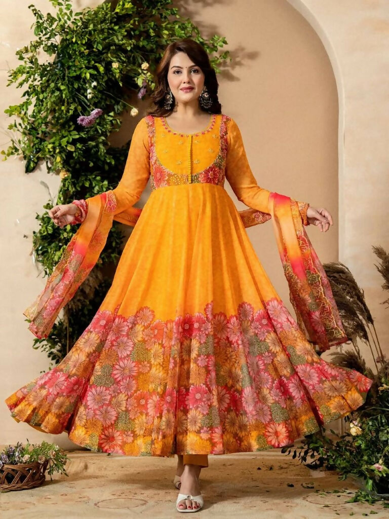 Teeya Creation Multi Color Organza Silk With Digital print With Embroidery Gown