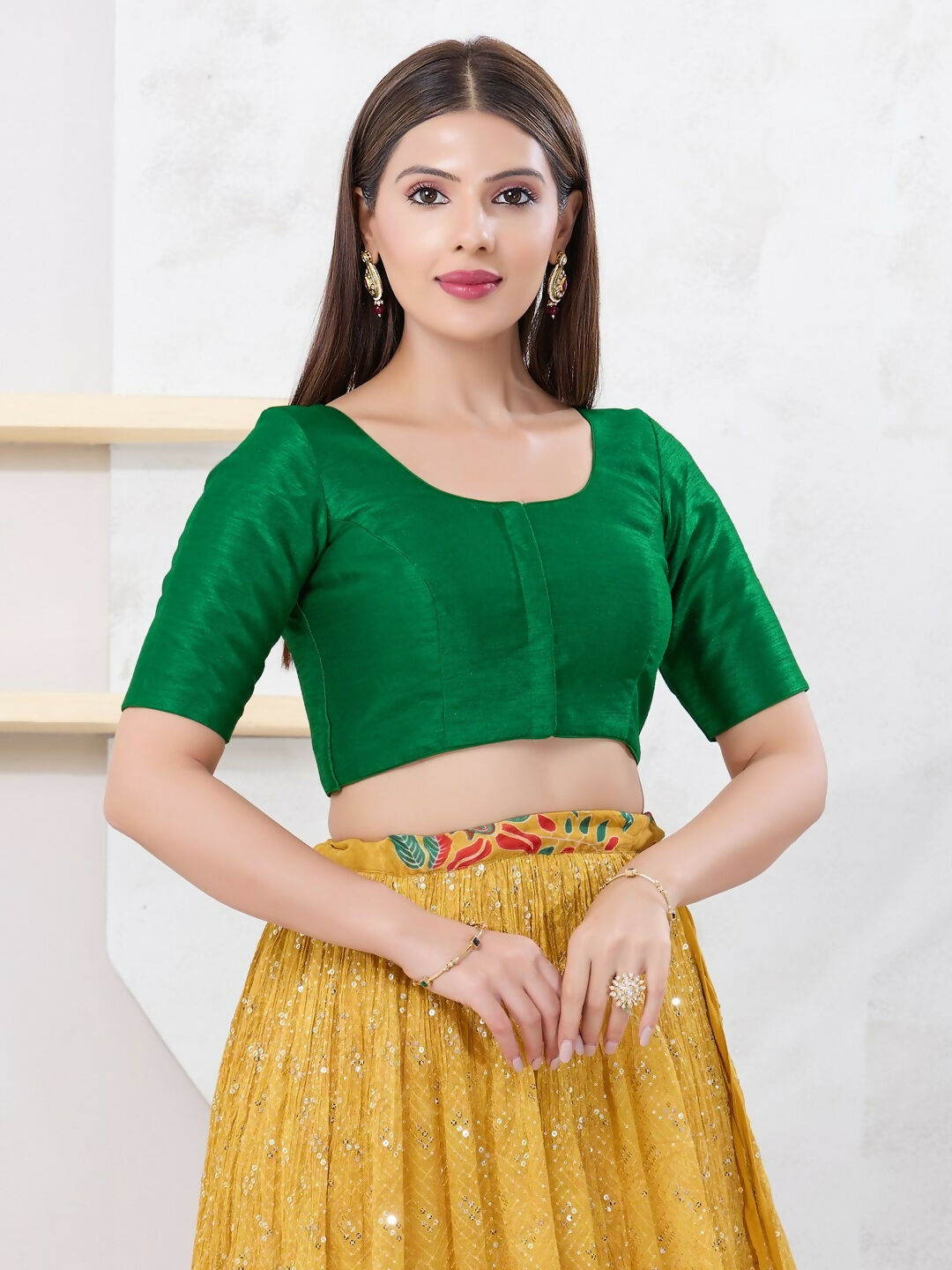 Joban Fashion Green Dupion Silk Elbow Sleeveless Front Open Blouse