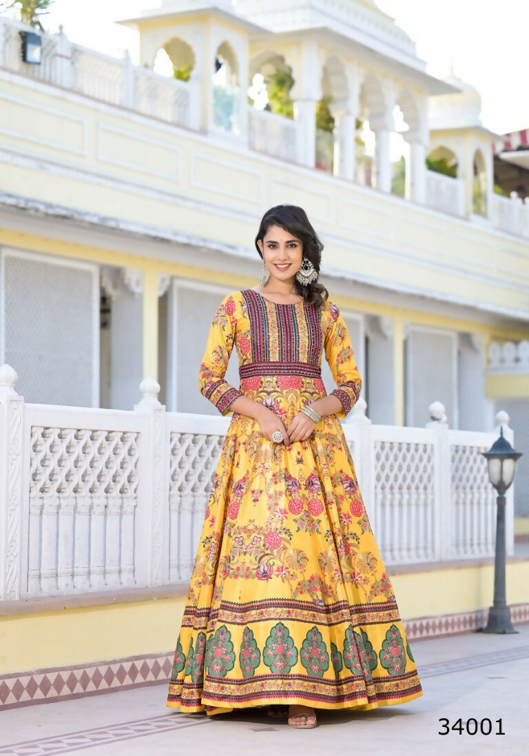 Partywear Designer Yellow Dola Silk Anarkali suit with Dupatta - Suzen - Distacart