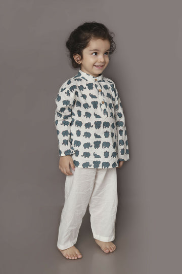 Breathables Kids Cotton Night Suit – White Elephant Print Kurta & Pyjama Co-Ord Set For Boys & Girls - Dista