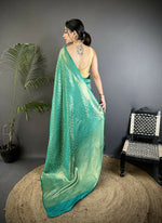 Thumbnail for Joban Fashion Rama Green Floral & Paisley Motifs Soft Satin Silk Banarasi Saree - Distacart