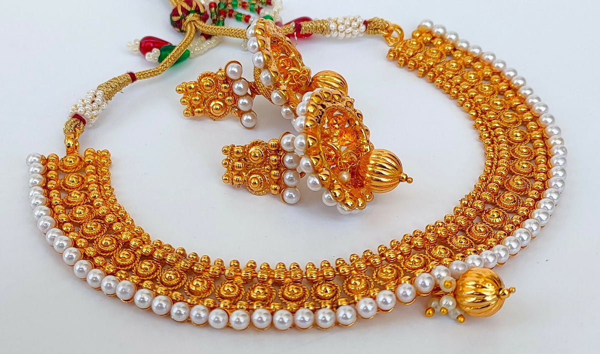 Designer Metallic Necklace Set With White Beads - Distacart