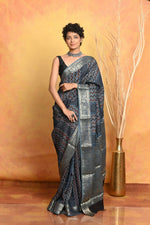 Thumbnail for Very Much Indian Modal Silk Ajrakh Handblock Printed Natural Dyes With Designer Border Saree - Grey - Distacart