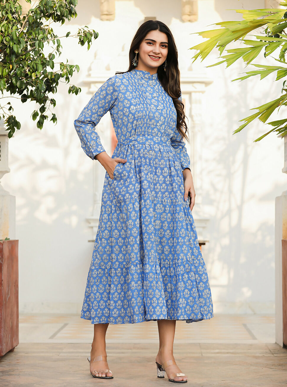 Kaajh Women's Blue Floral Handblock Print Cotton Dress - Distacart